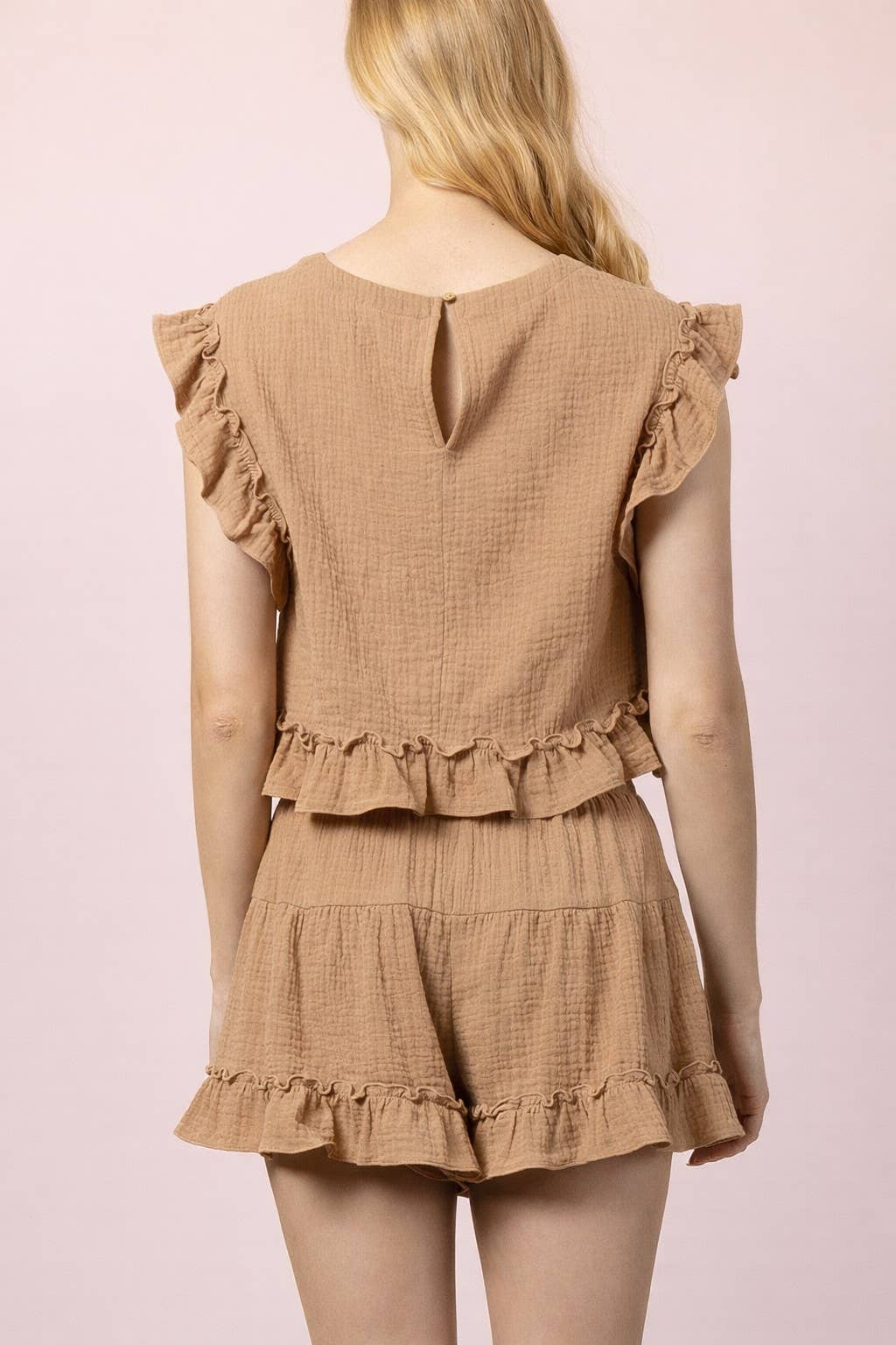 Very J Blue Ruffled Solid Woven Top & Shorts Set