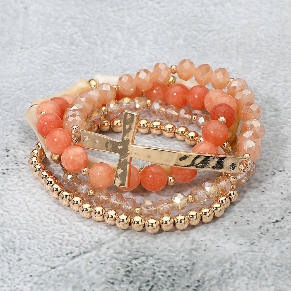 5PCS - Metal Cross Accent Resin Bamboo Bar Faceted Beaded Stretch Multi Layered Bracelets