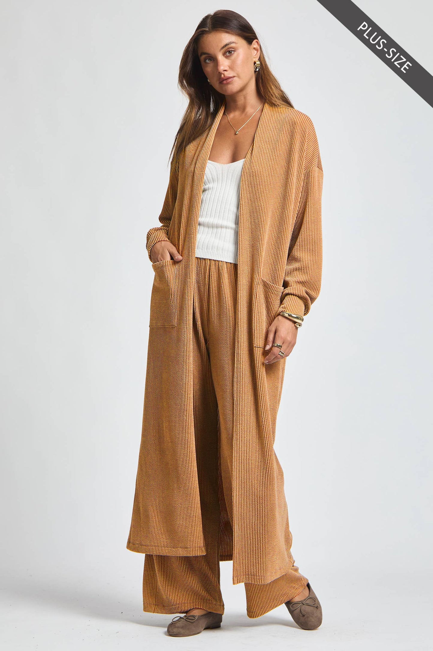 PLUS SIZE Longline Cardigan + Relaxed Pants 2 Piece Set: RED / XL
