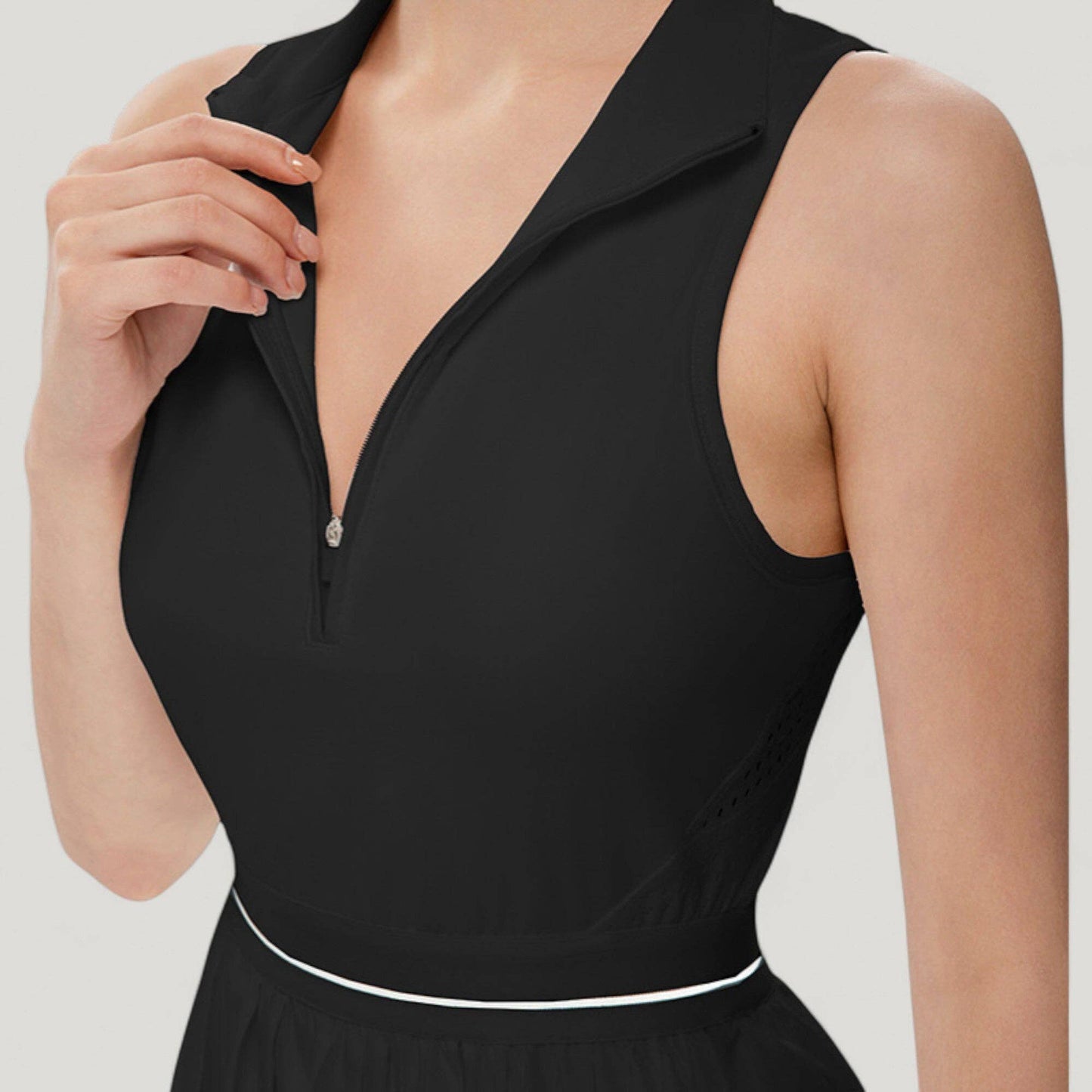 Sleeveless Zip Front High Neck Tennis Dress with Pleated Ski