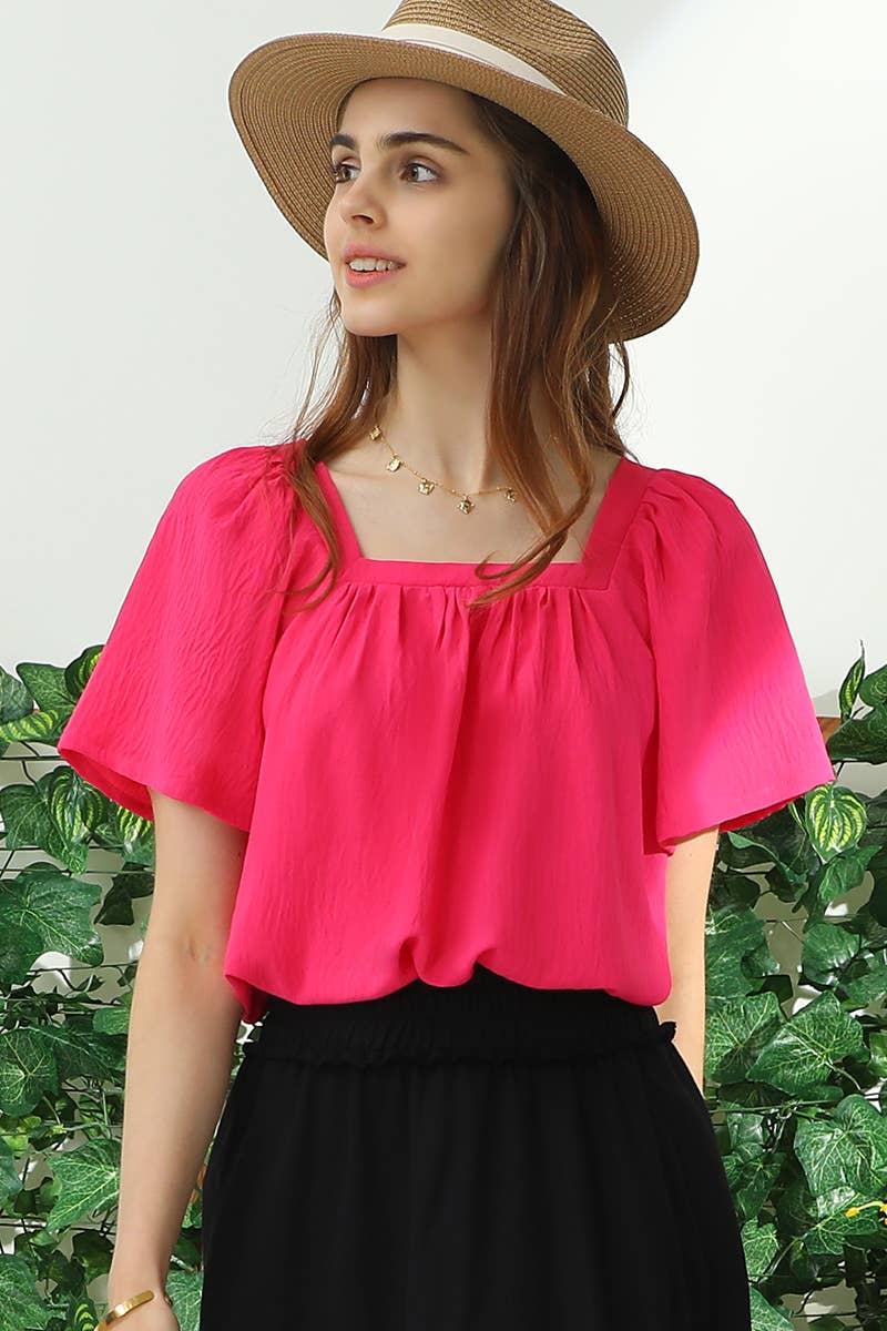 PLUS SQAURE NECK RUFFLE NECK SHORT SLEEVE BLOUSE