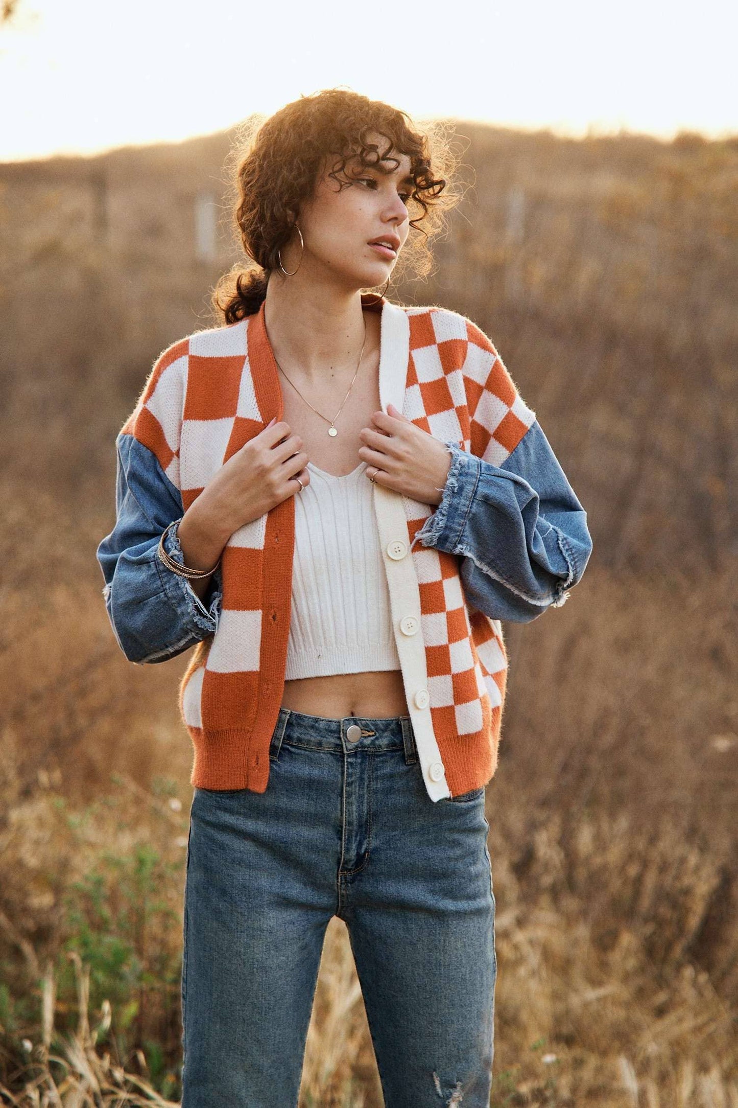 Checker Plaid Cardigan: Charcoal / S