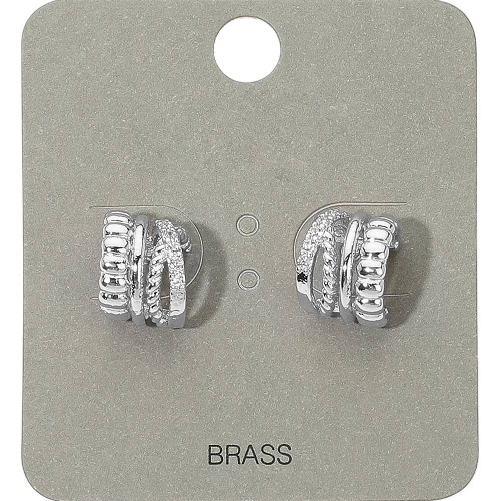 Stone Paved Layered Textured Mini Half Hoop Earrings: Clear,Gold