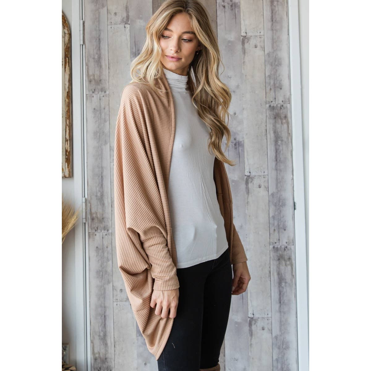 J70802 - Urban Knit Shawl Open Front Cardigan: Olive / M