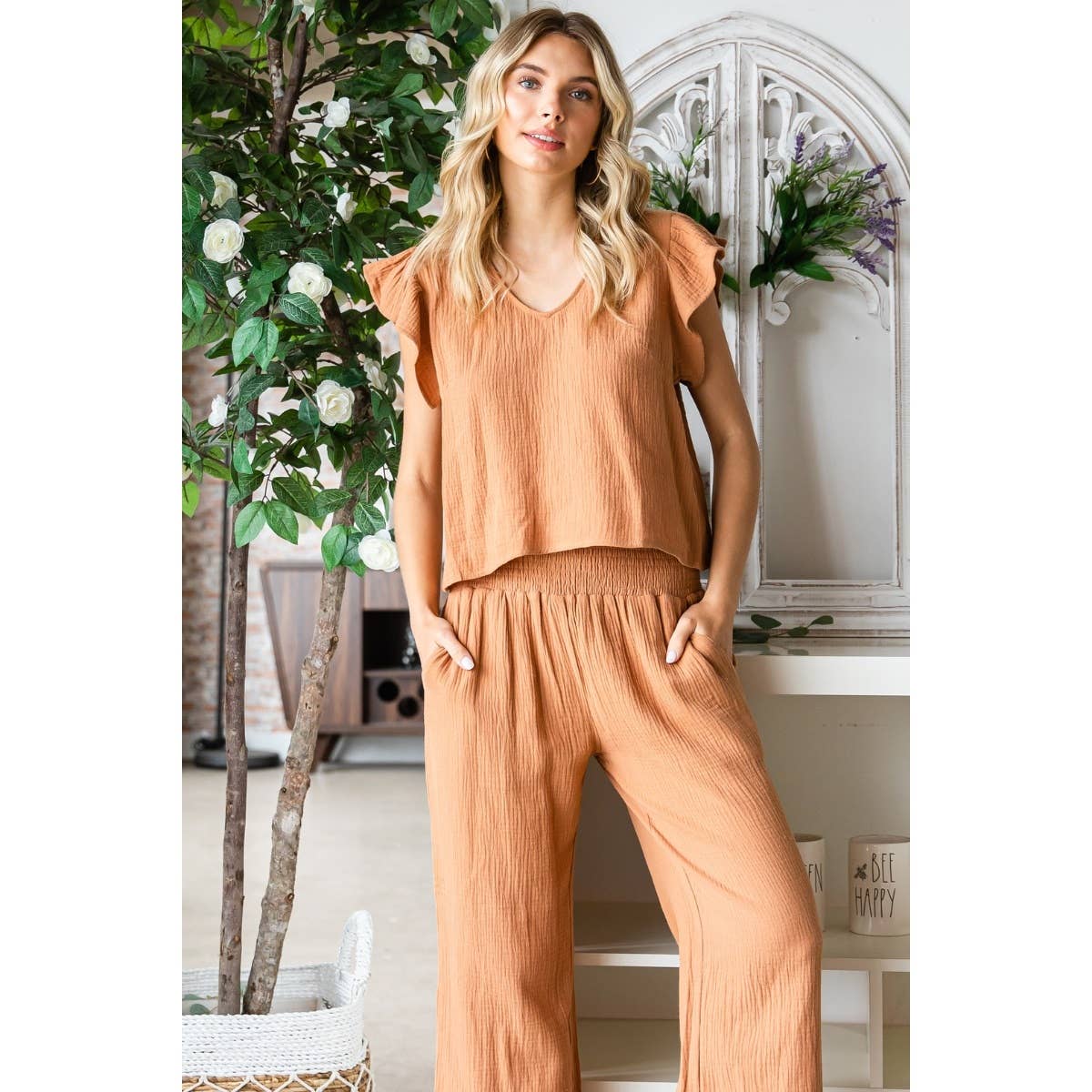Ruffle Sleeve Linen feel Top and Pants Set