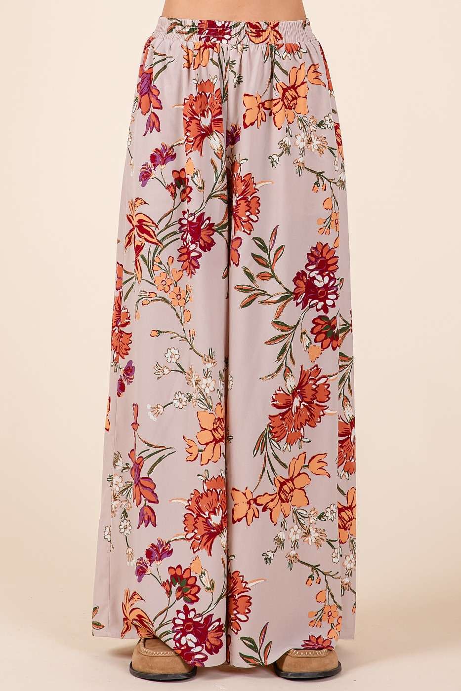 FLOWER PRINT ELASTIC WAIST MID RISE WIDE LEG PANTS
