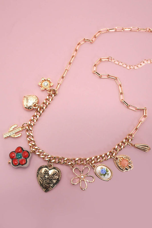 CHARM NECKLACE- BOHO PORCELAIN FLORAL CACTUS | 80N92249: GOLD