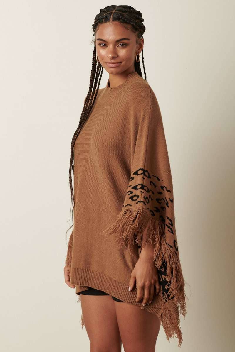 ANIMAL PRINT DETAIL TASSEL OVERSIZED PONCHO