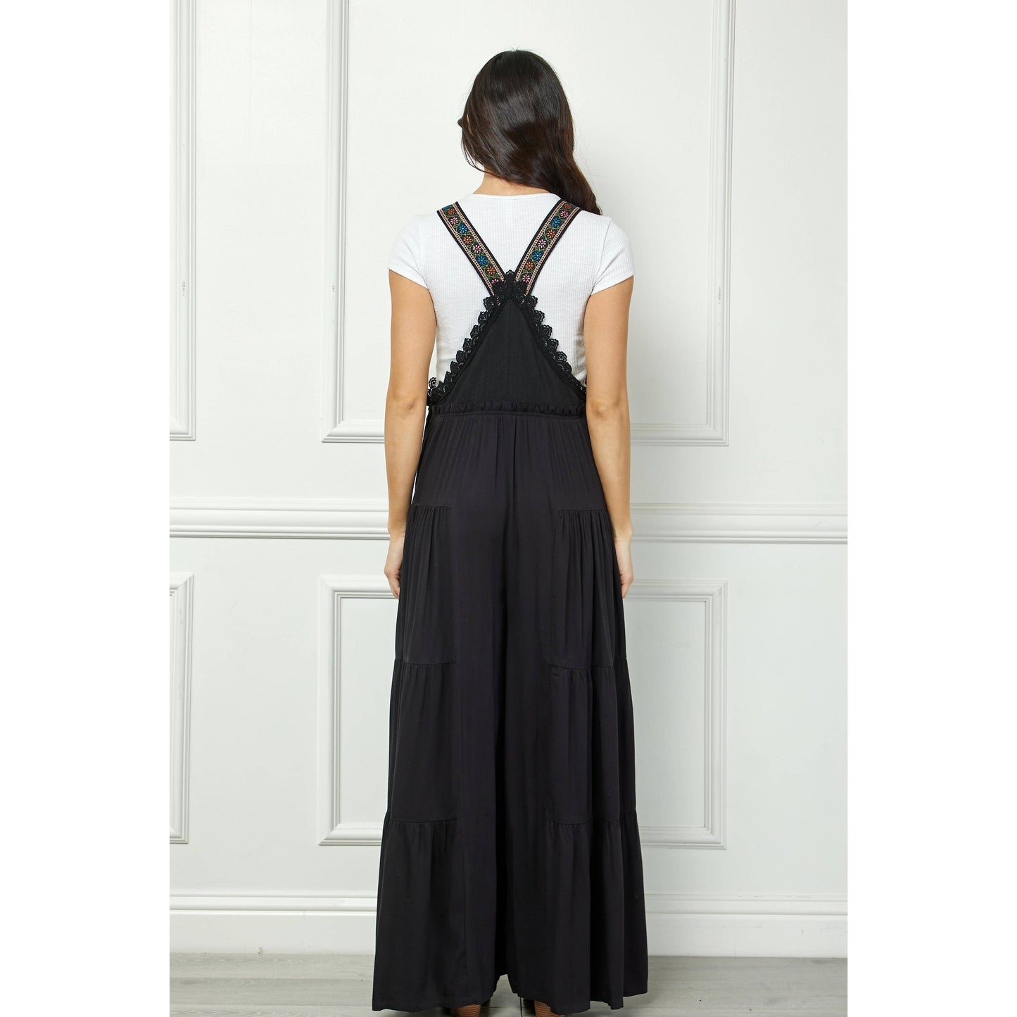 Embroidered Strap Flowy Jumpsuit: Black / S