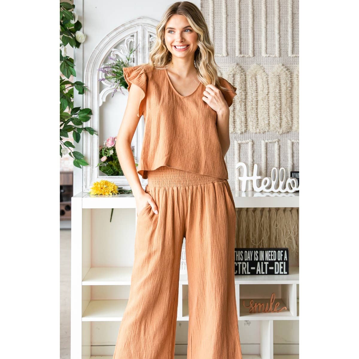 Ruffle Sleeve Linen feel Top and Pants Set