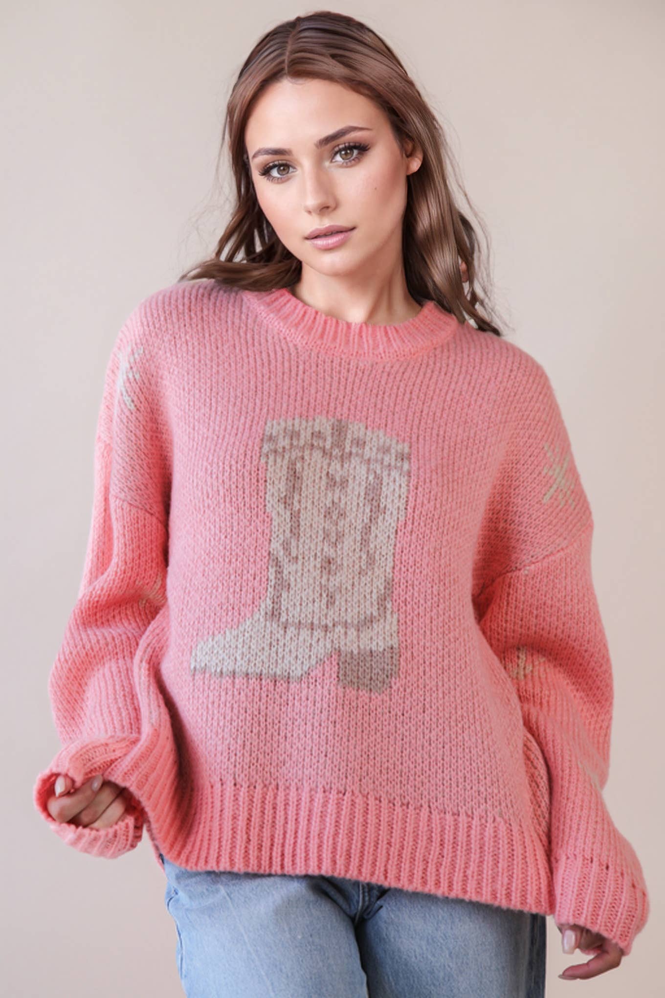 12W3402N-Cowboy Boots Graphic Print Knit Sweater