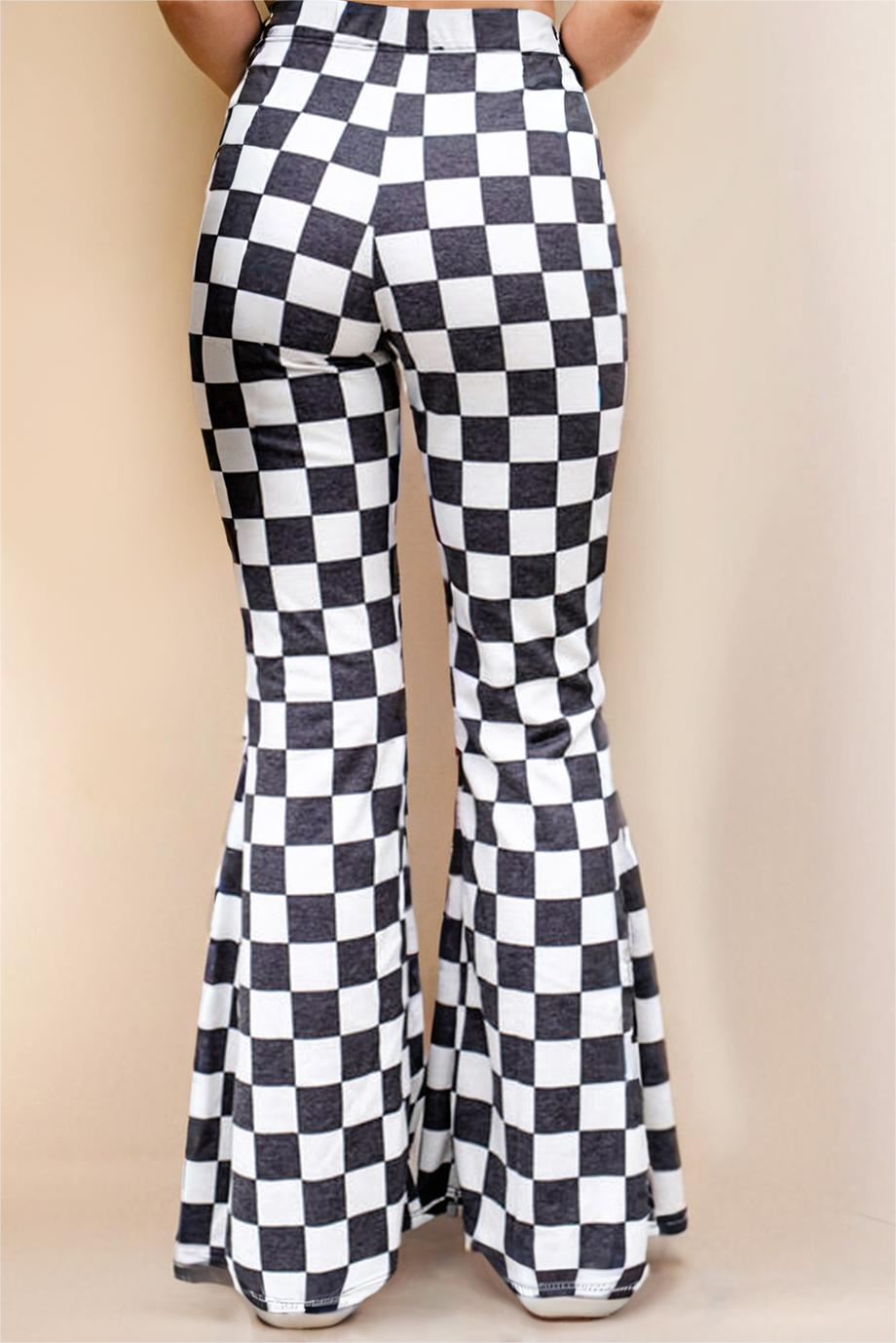 Checkered Pattern High Waist Casual Flared Pants
