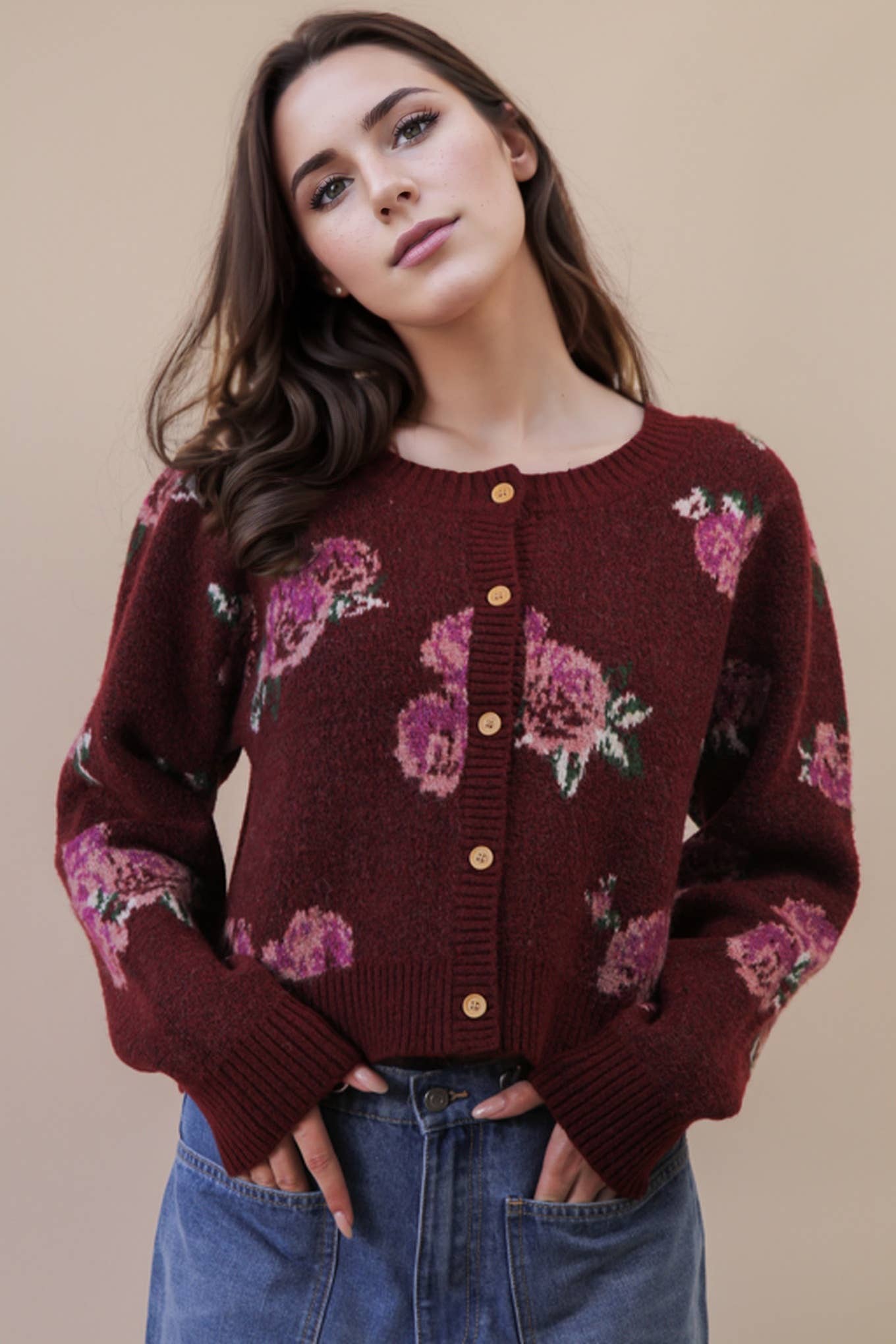 12W3475N-Print & Solid Soft Knit Sweater Cardigan