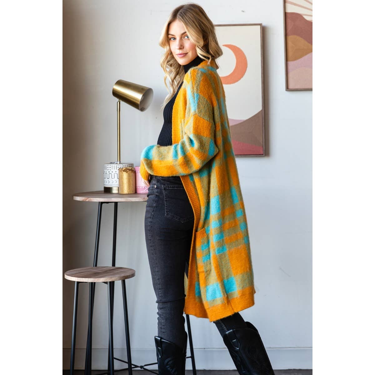 Mohair Sweater Long Cardigan  : Camel/Navy / L