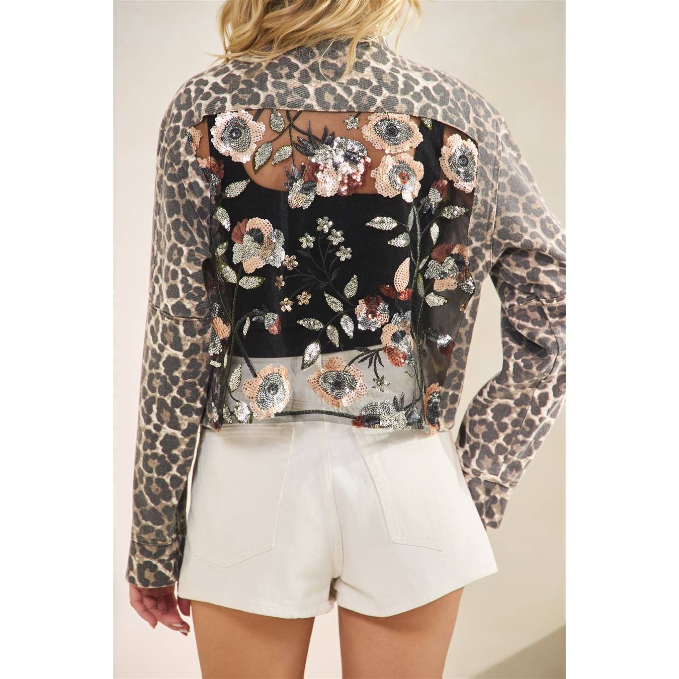 Leopard Denim jacket with back contrast: FLORAL SEQUINS / M