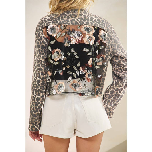 Leopard Denim jacket with back contrast: FLORAL SEQUINS / S