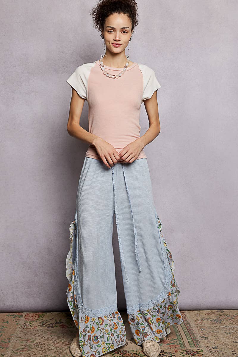 Floral Pattern Ruffle Detail Ribbed Knit Pants