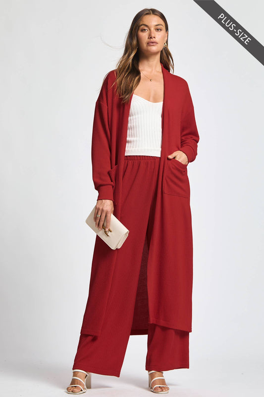 PLUS SIZE Longline Cardigan + Relaxed Pants 2 Piece Set: RED / 3X