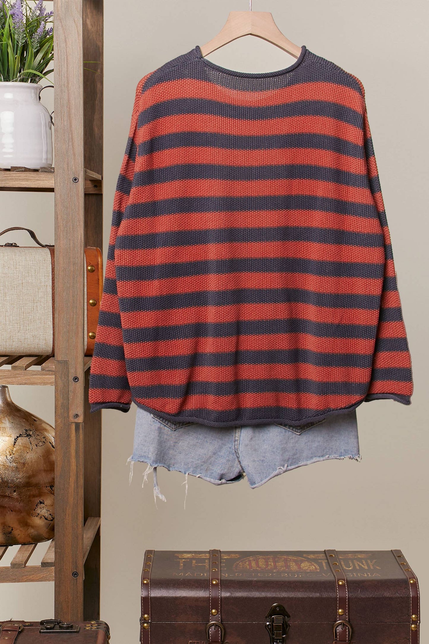 Casual Striped Sweater: Rust / M