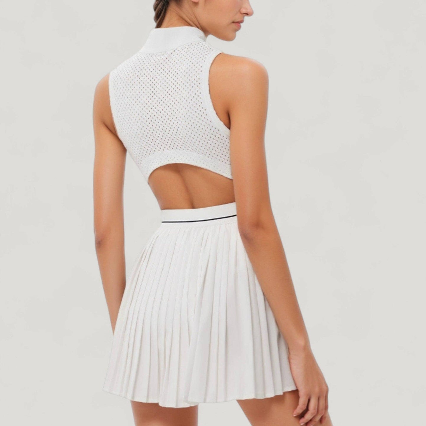 Sleeveless Zip Front High Neck Tennis Dress with Pleated Ski