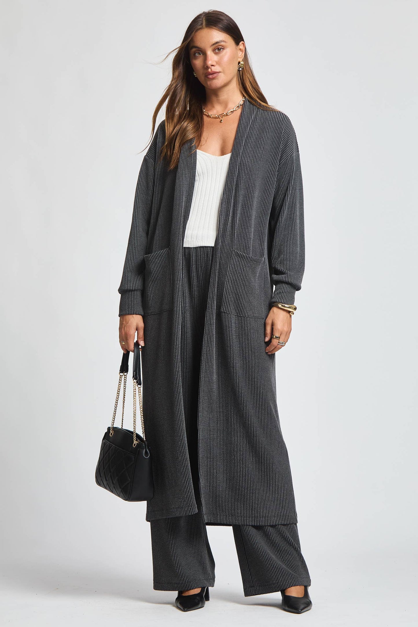 Longline Cardigan + Relaxed Pants 2 Piece: RED / M