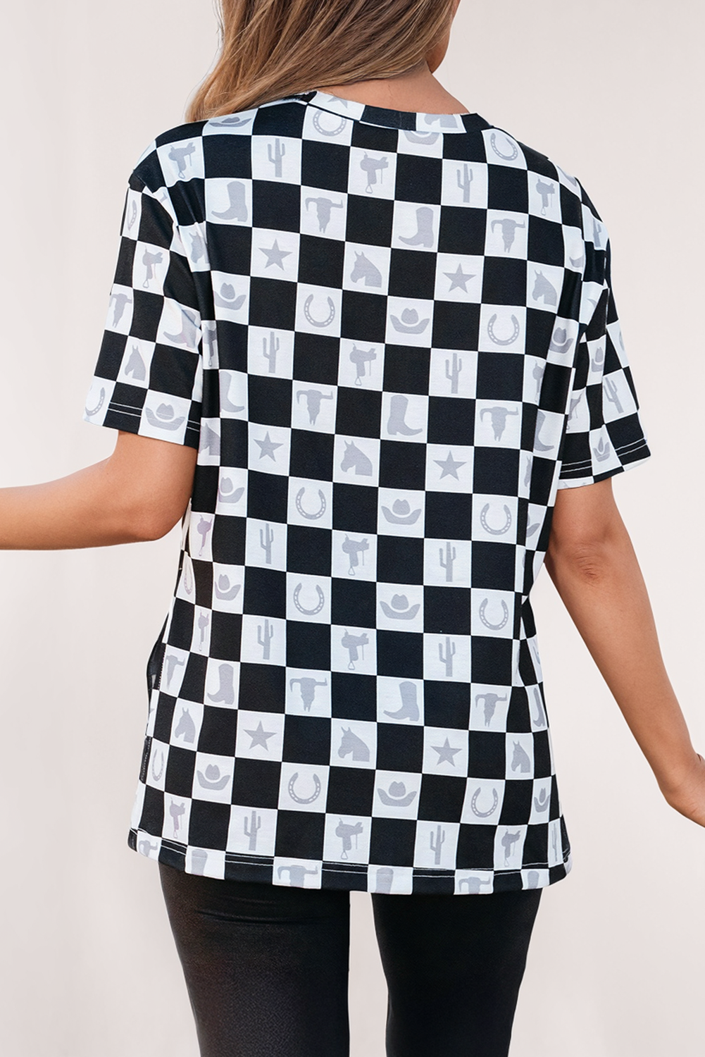Western Fashion Checkerboard Print Side Split T Shirt