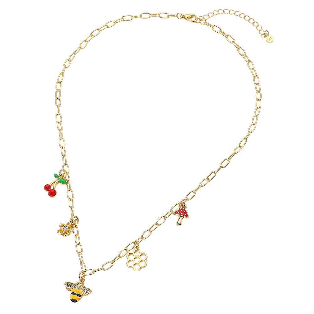 SECRET BOX_14k Gold Dipped Honey Bee Honey Comb Cherry Flower Mushroom Charm Station Paperclip Chain Necklace: Gold