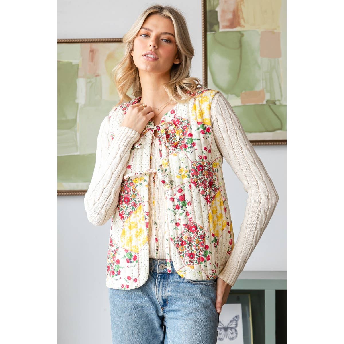 Multi Flower Quilted Vest with Front Ribbon