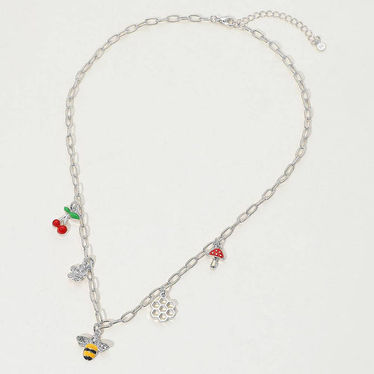 SECRET BOX_14k Gold Dipped Honey Bee Honey Comb Cherry Flower Mushroom Charm Station Paperclip Chain Necklace: Silver