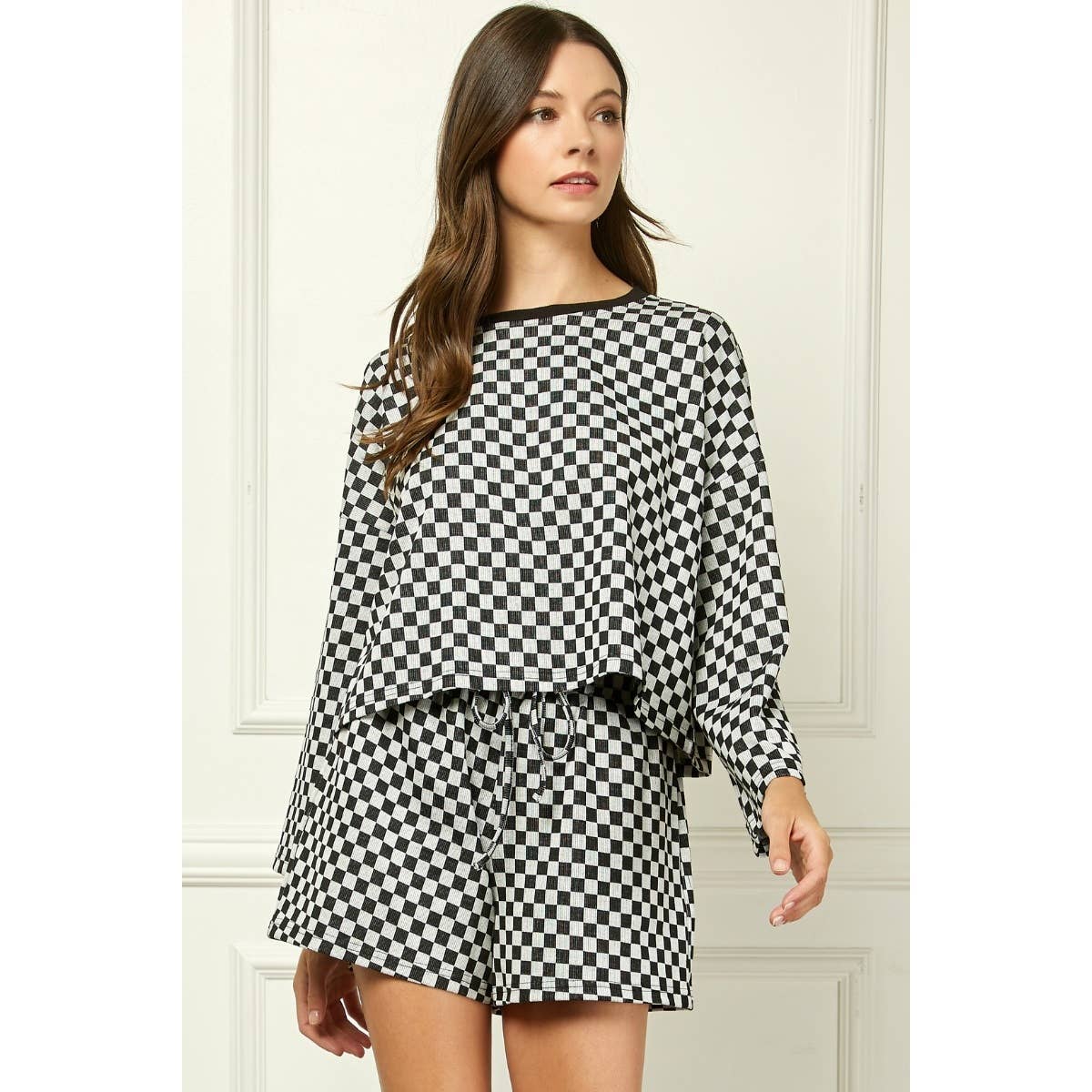 Checker Jersey Long Sleeve Top : Brown / S