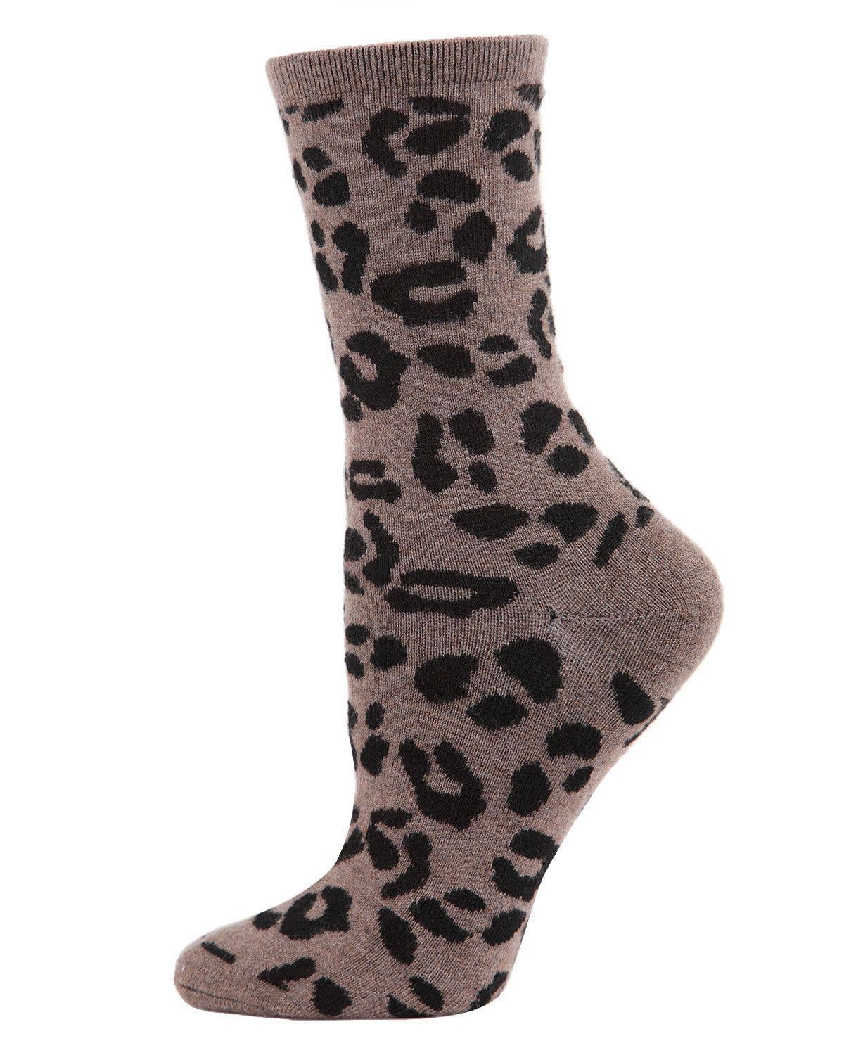MeMoi Leopard Animal Print Cashmere Blend Crew Socks: Hemp Heather / 9-11