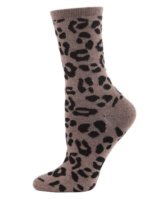 MeMoi Leopard Animal Print Cashmere Blend Crew Socks: Hemp Heather / 9-11