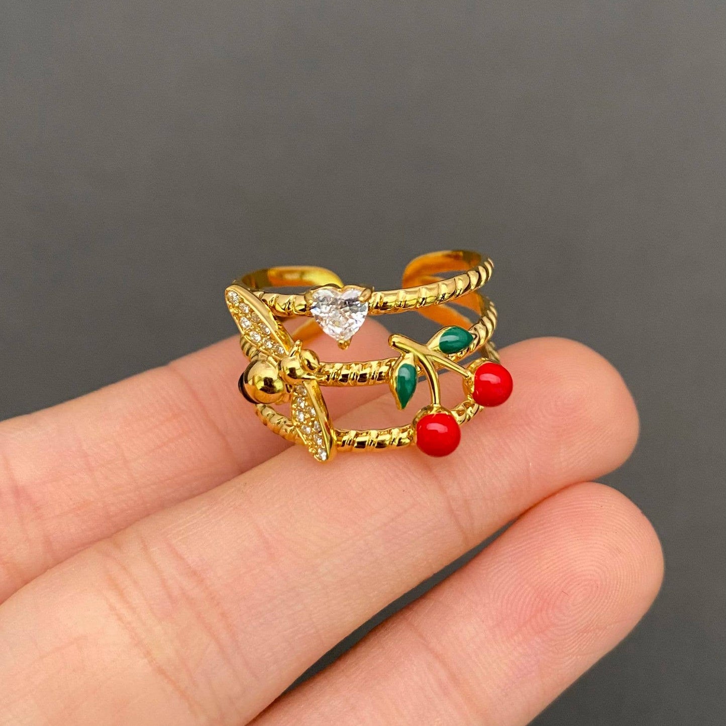 M15. Enamel Bee Cherry 18K Gold Plated Ring