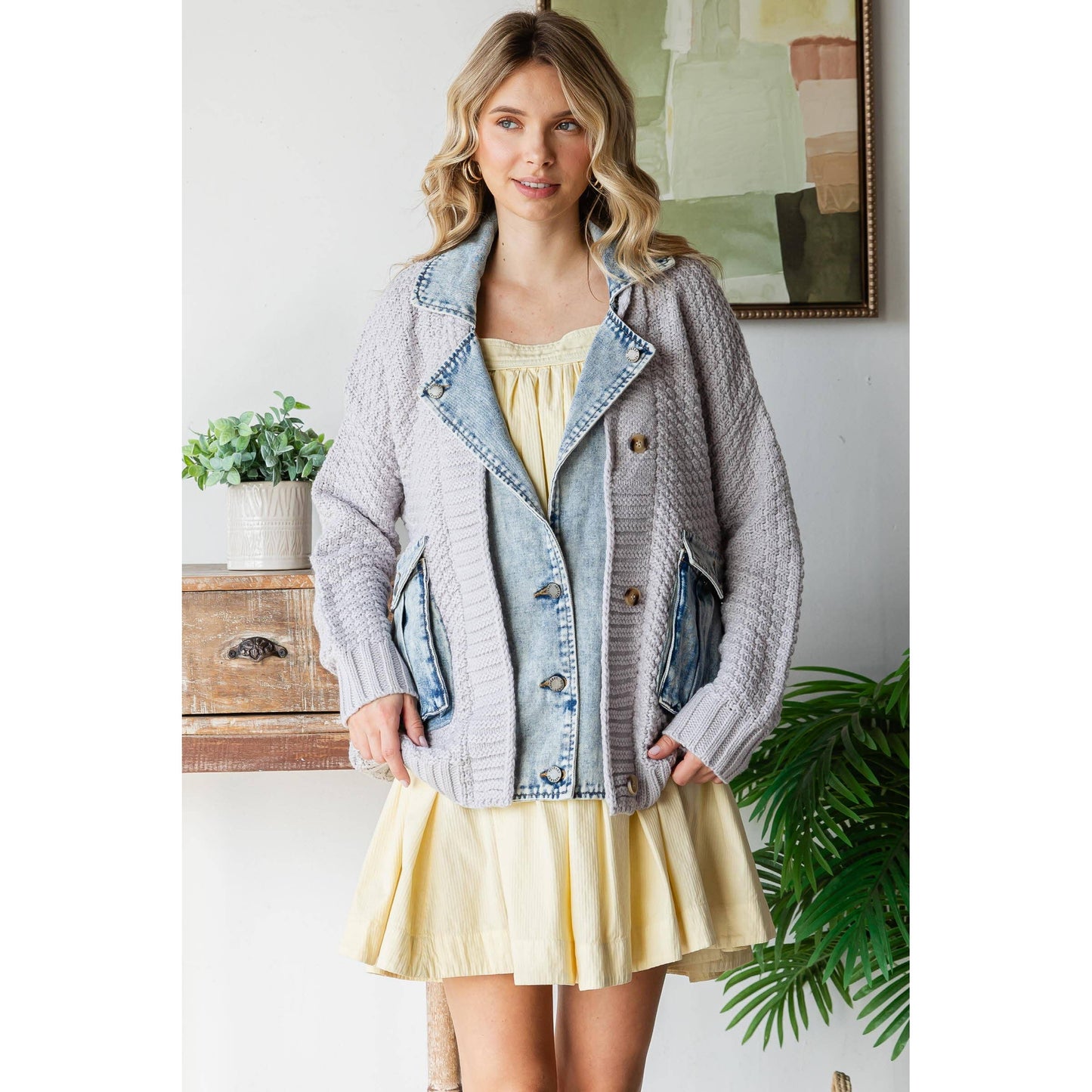 Knit Body Denim Layerd Jacket: Grey / Denim / L