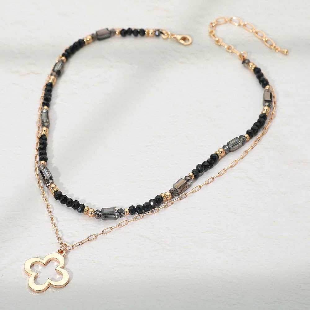 Metal Open Quatrefoil Pendant Faceted Beaded Layered Necklace