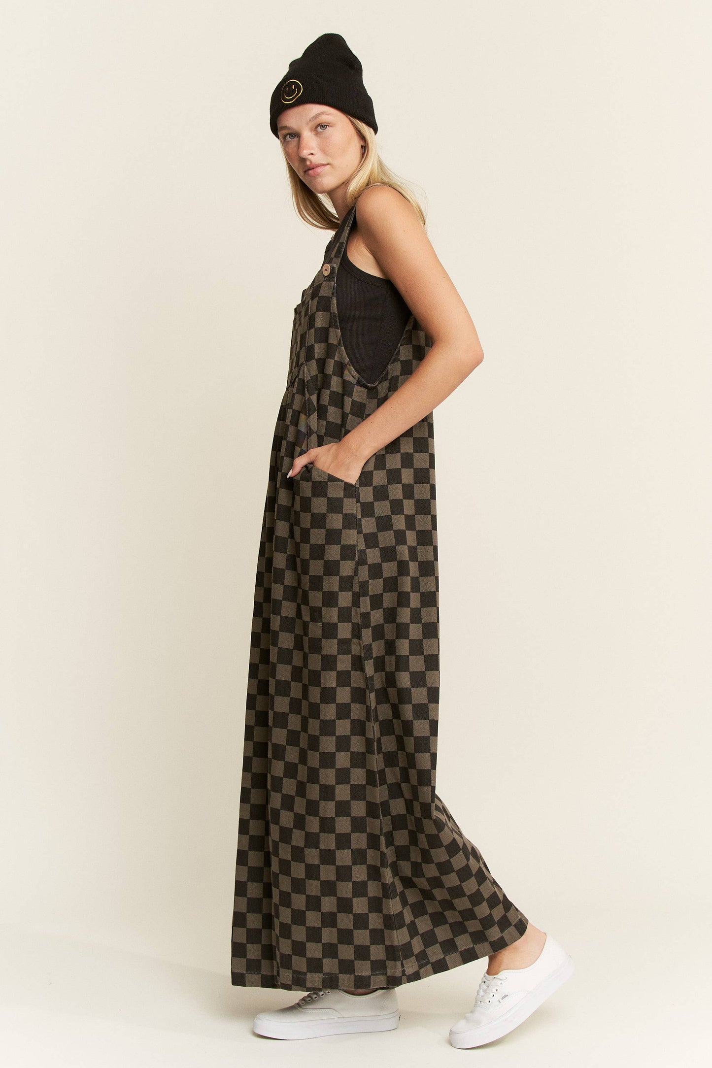 CHECKERED WIDE LEG OVERALLS