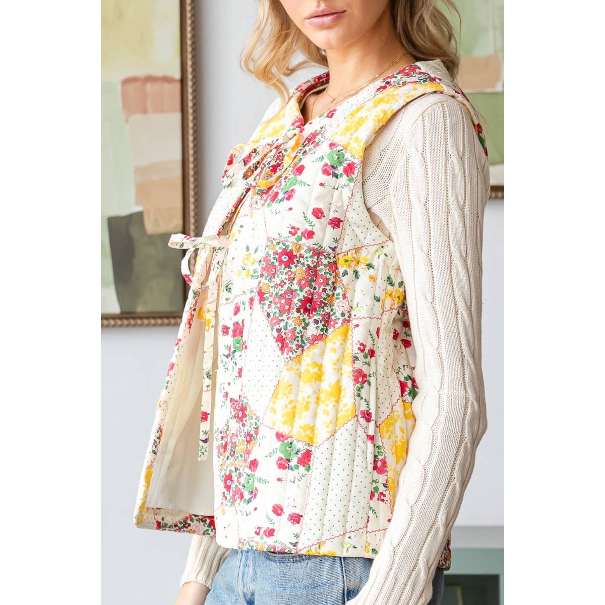 Multi Flower Quilted Vest with Front Ribbon