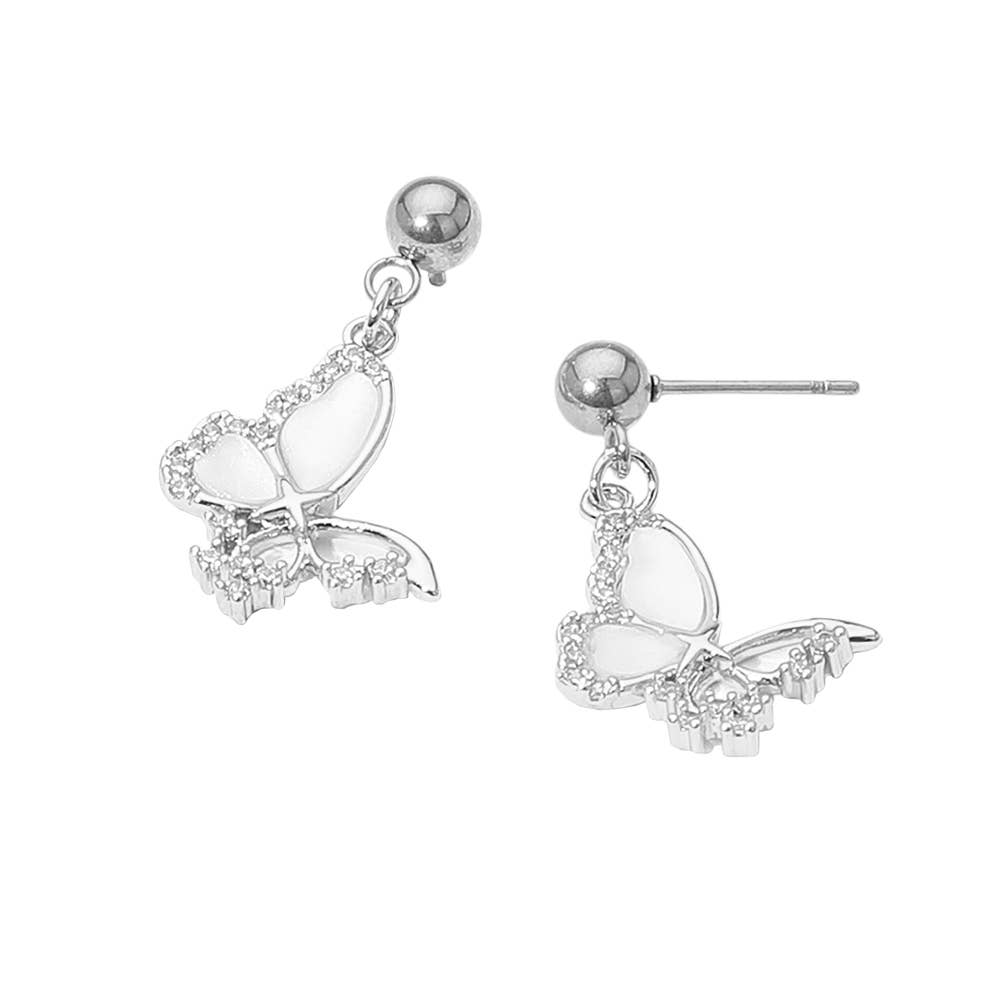 Stainless Steel CZ Stone Accent Mother of Pearl Butterfly Charm Dangle Earrings: Mother of Pearl,Silver