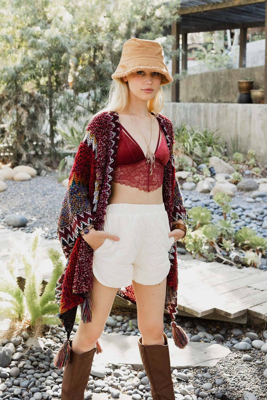Cowgirl Colorful Crochet Ruana - Long & Plush: Maroon