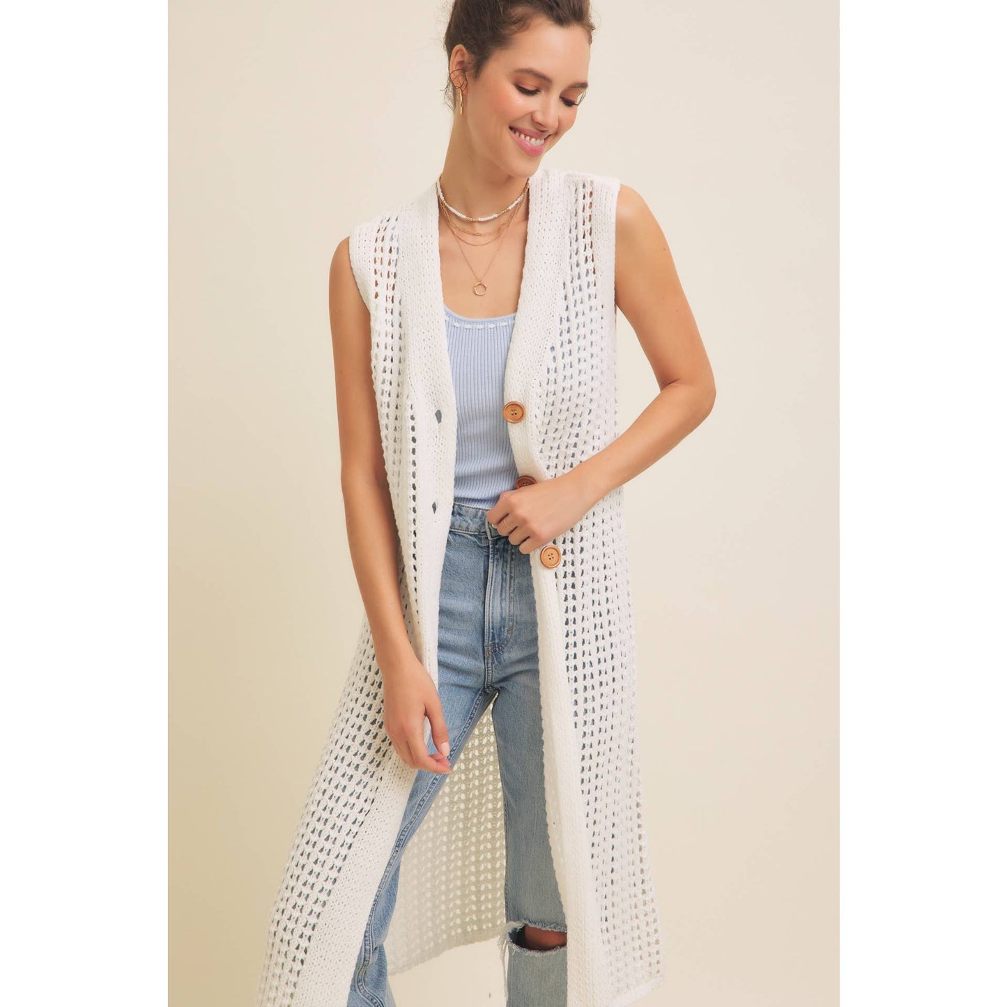 BUTTON-DOWN OPEN KNIT SLEEVELESS MIDI SWEATER CARDIGAN