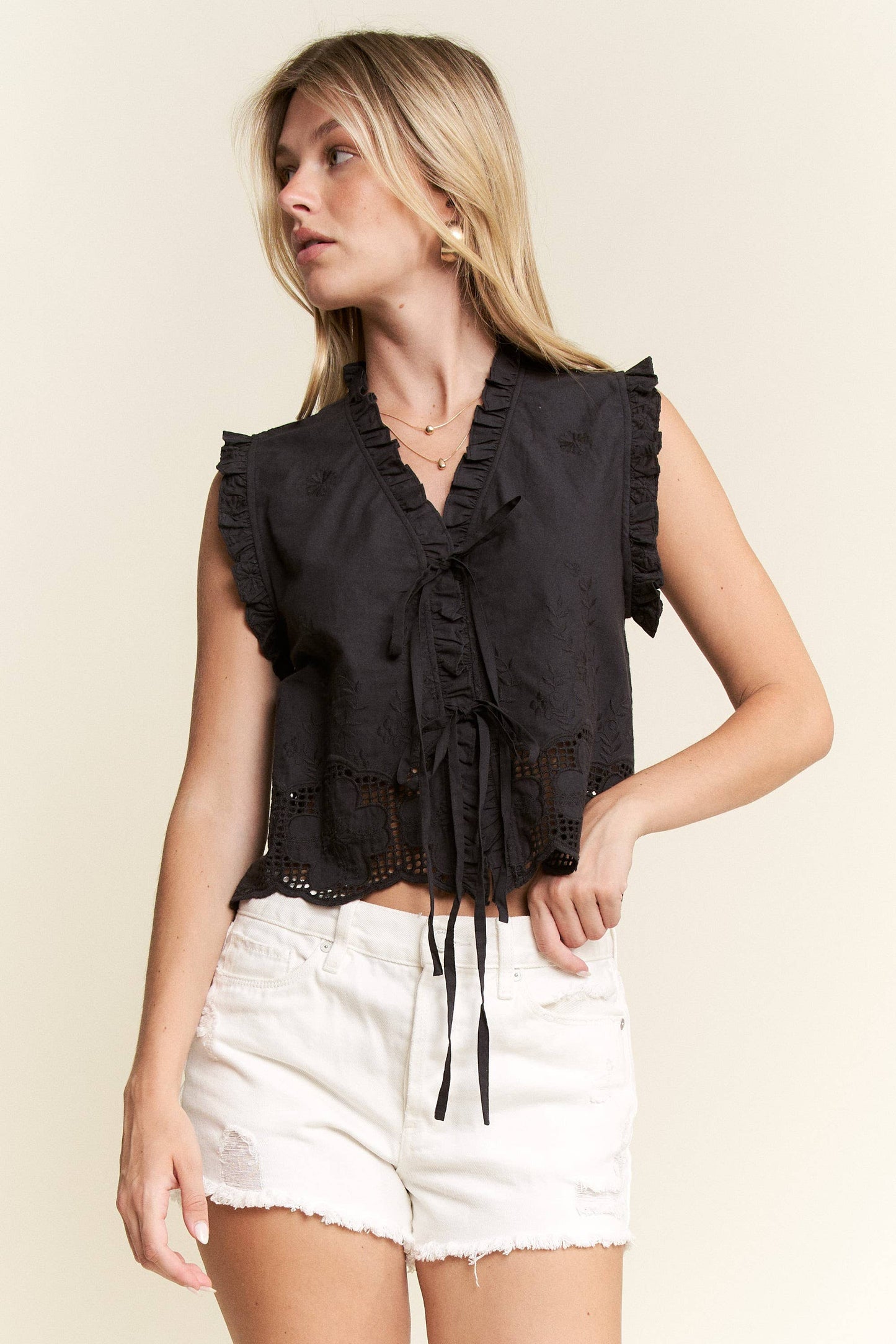 SLEEVELESS RUFFLE FRONT TIE TOP