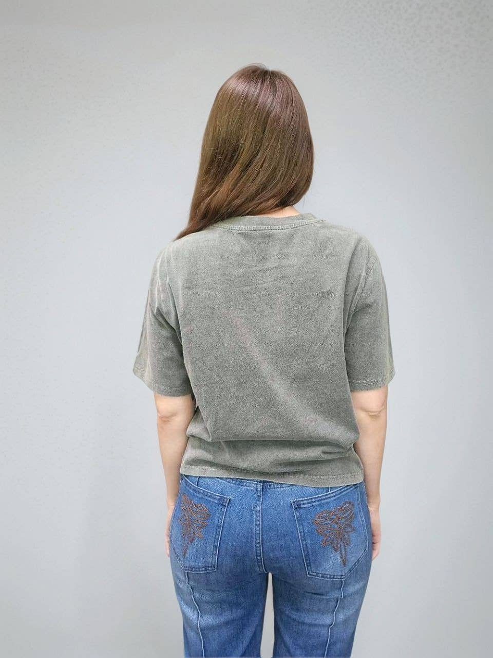 MK639 Cowgirl Embroidery Acid Washed Tee