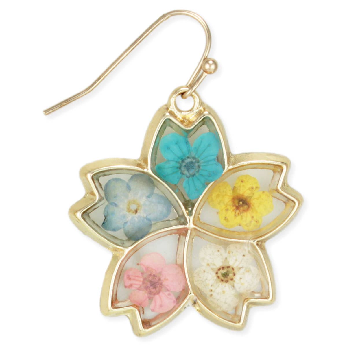 Multi Dried Flower Petals Gold Earrings