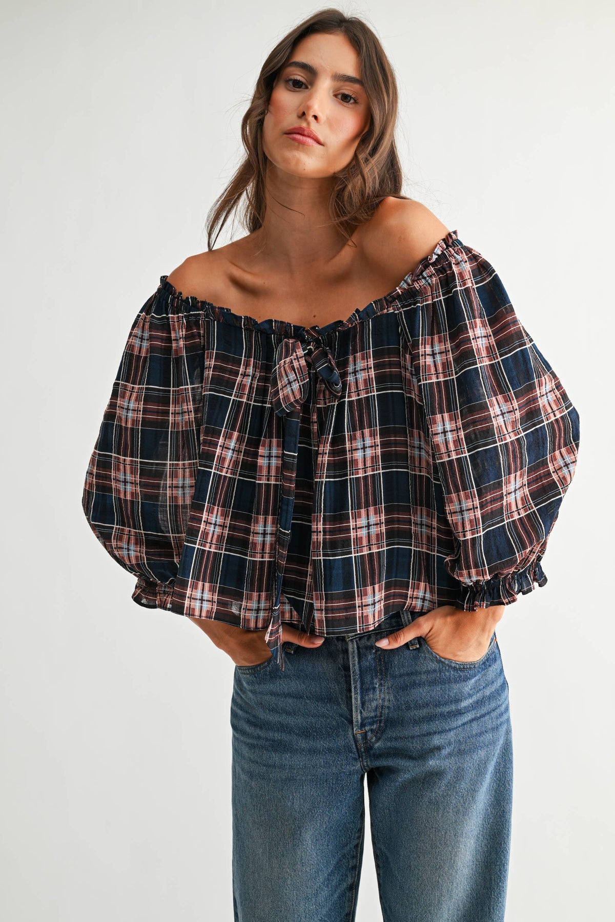 CET26536A Plaid Off-Shoulder Tie Top