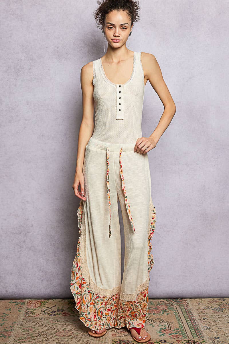 Floral Pattern Ruffle Detail Ribbed Knit Pants