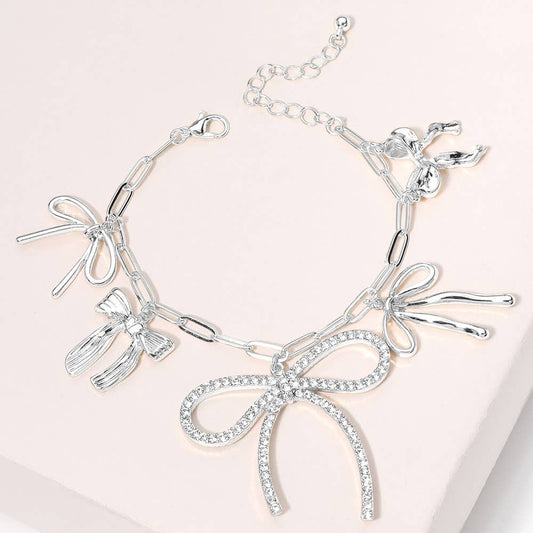 Stone Paved Bow Metal Bow Charm Station Paperclip Bracelet