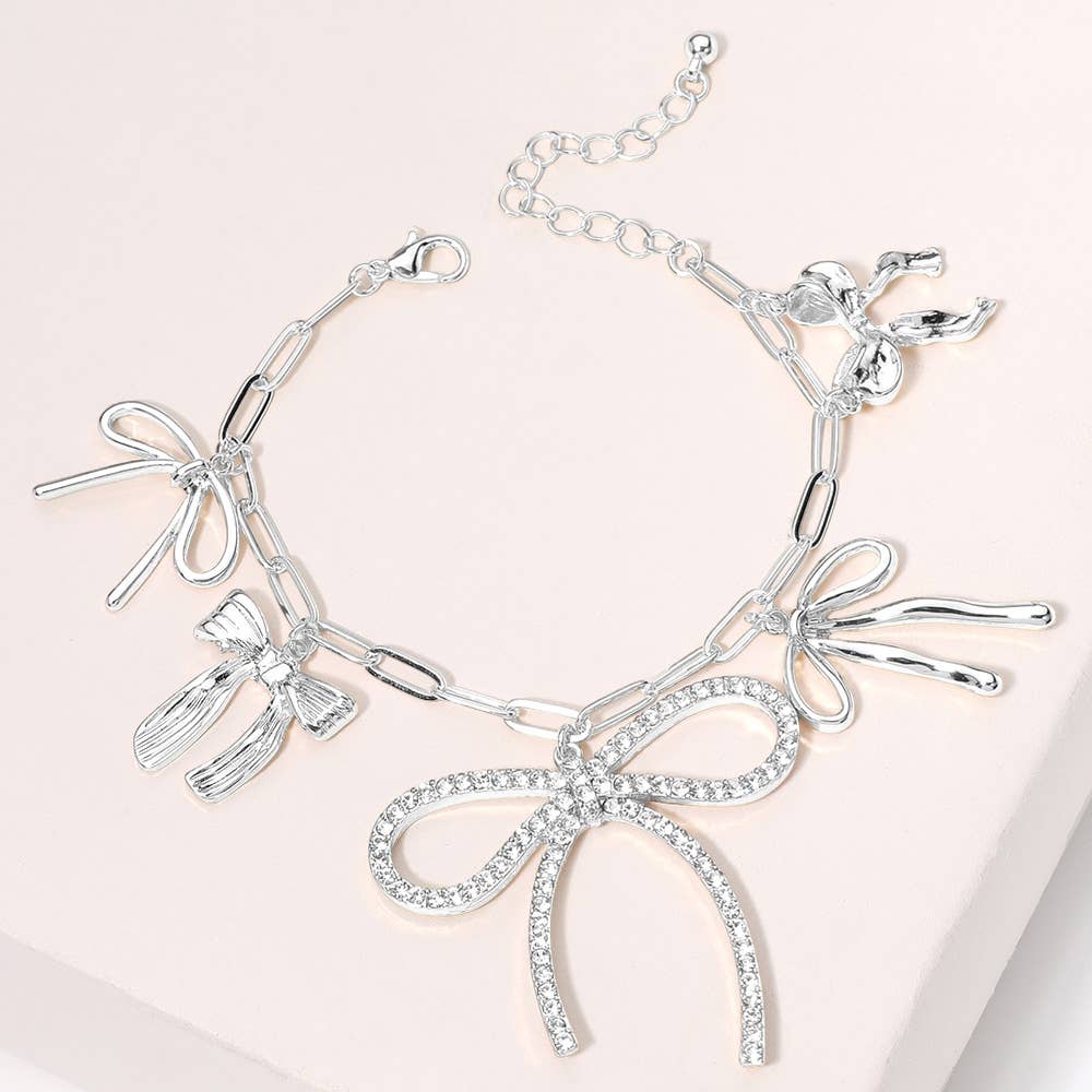 Stone Paved Bow Metal Bow Charm Station Paperclip Bracelet: Gold