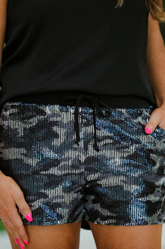 Grey Camo Sequin Shorts