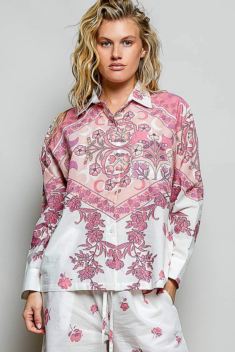 Vintage Floral Block Print Button-Down Shirt