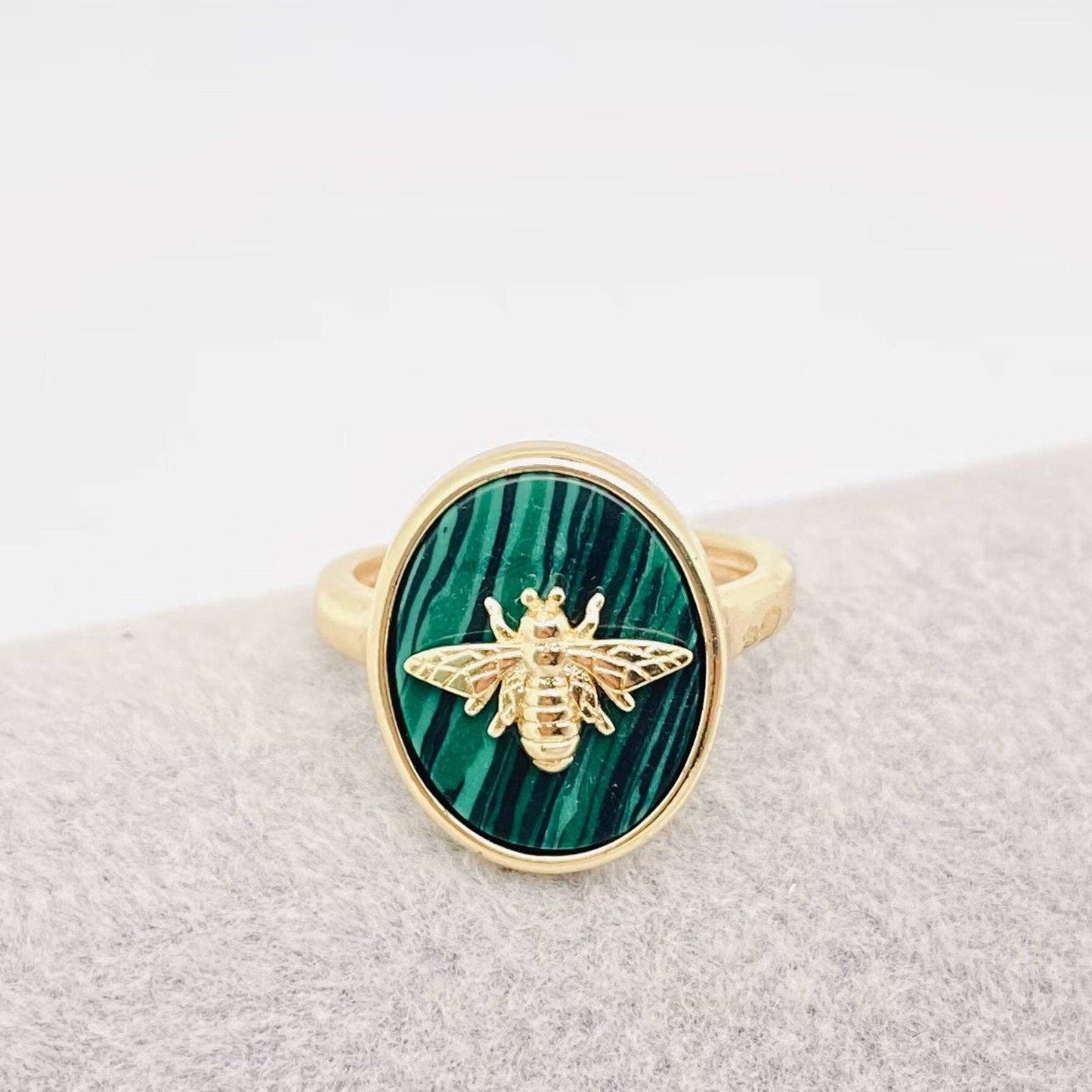 Natural Stone Golden Bee Opening Adjustable Ring - CS